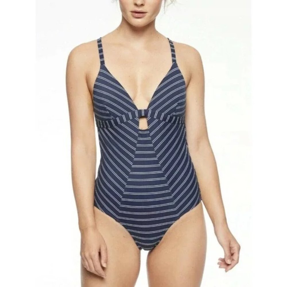 Athleta Piha Navy Blue & White Striped Swimsuit Medium